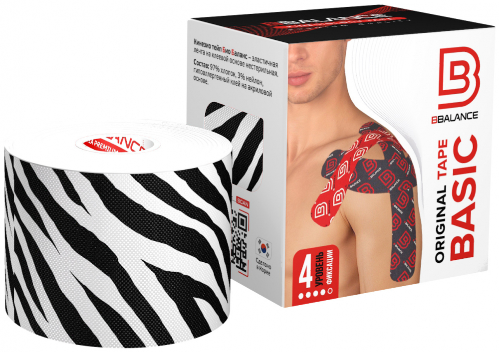 00-00000093 Тейп (тейп-лента, кинезио) SILK BB 5 см×5 м, цв. зебра